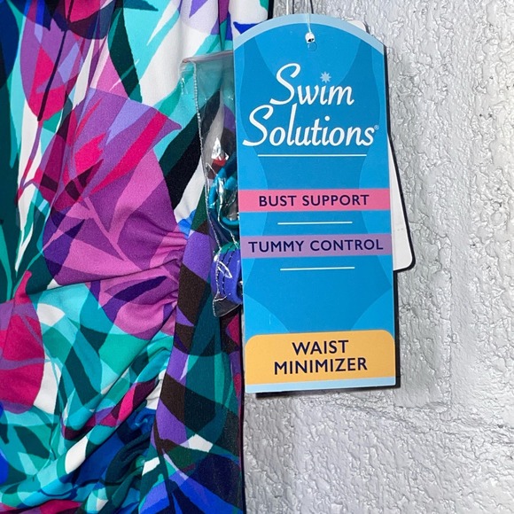 Swim Solutions Off the Shoulder Tummy Control 1piece Swimsuit Blue 8 - Picture 9 of 10